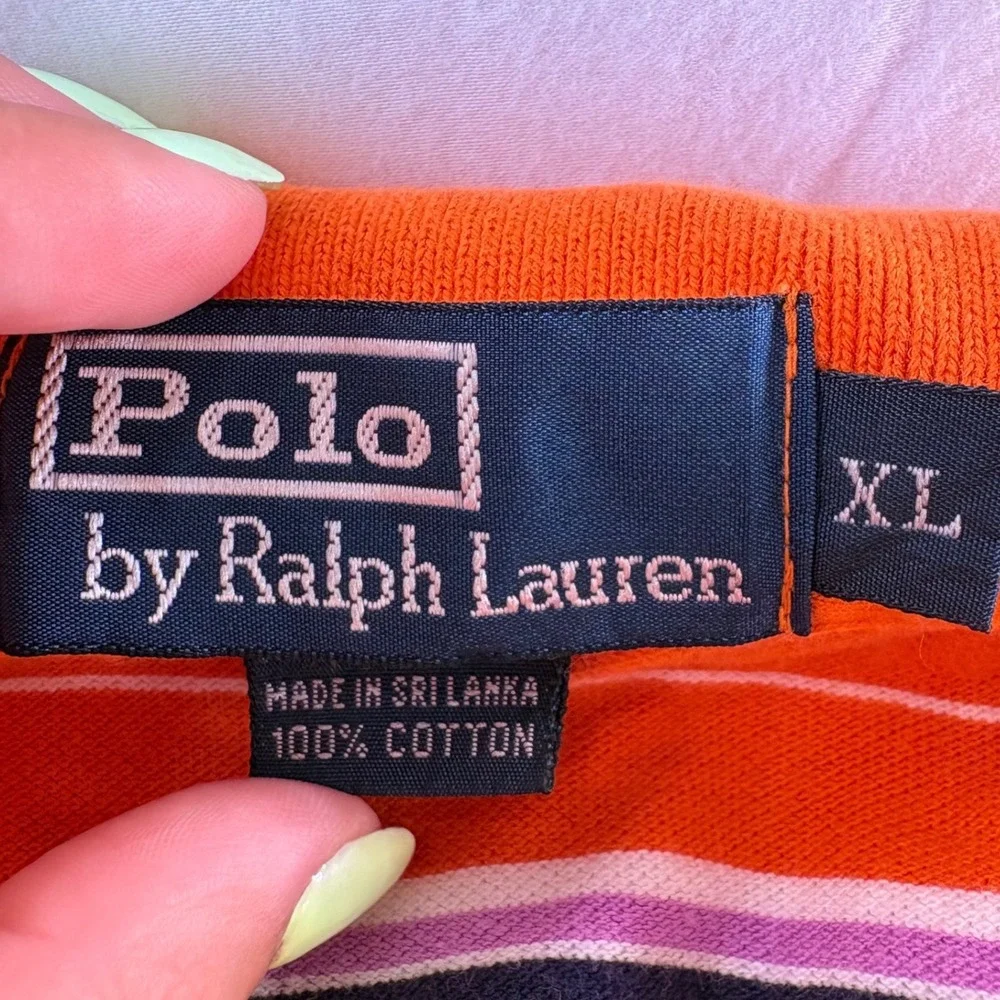 Polo Ralph Lauren Men XL Orange Striped Cotton Short Sleeve Polo Shirt Pony Logo